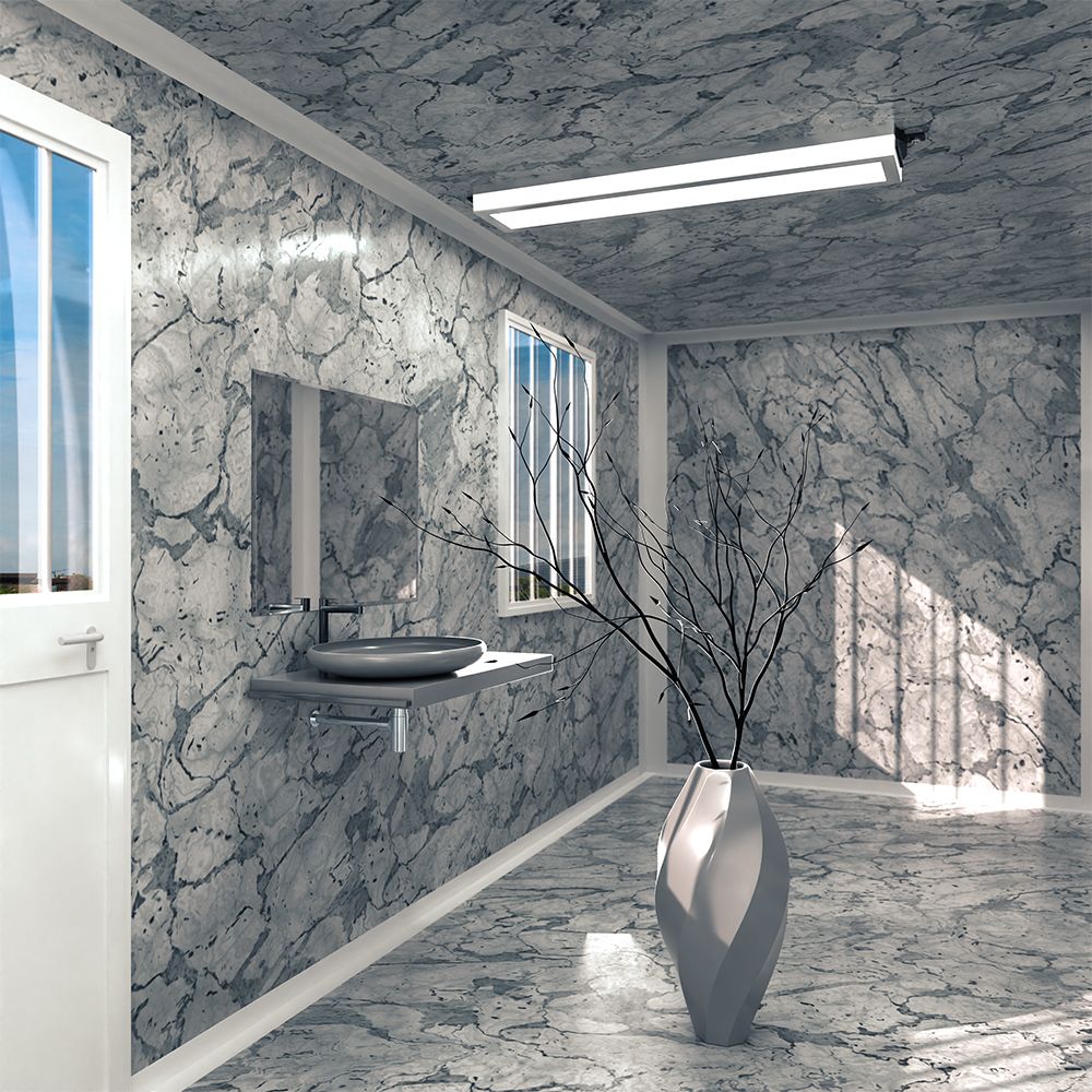 Rendering di un bagno prefabbricato modulare con lavandino