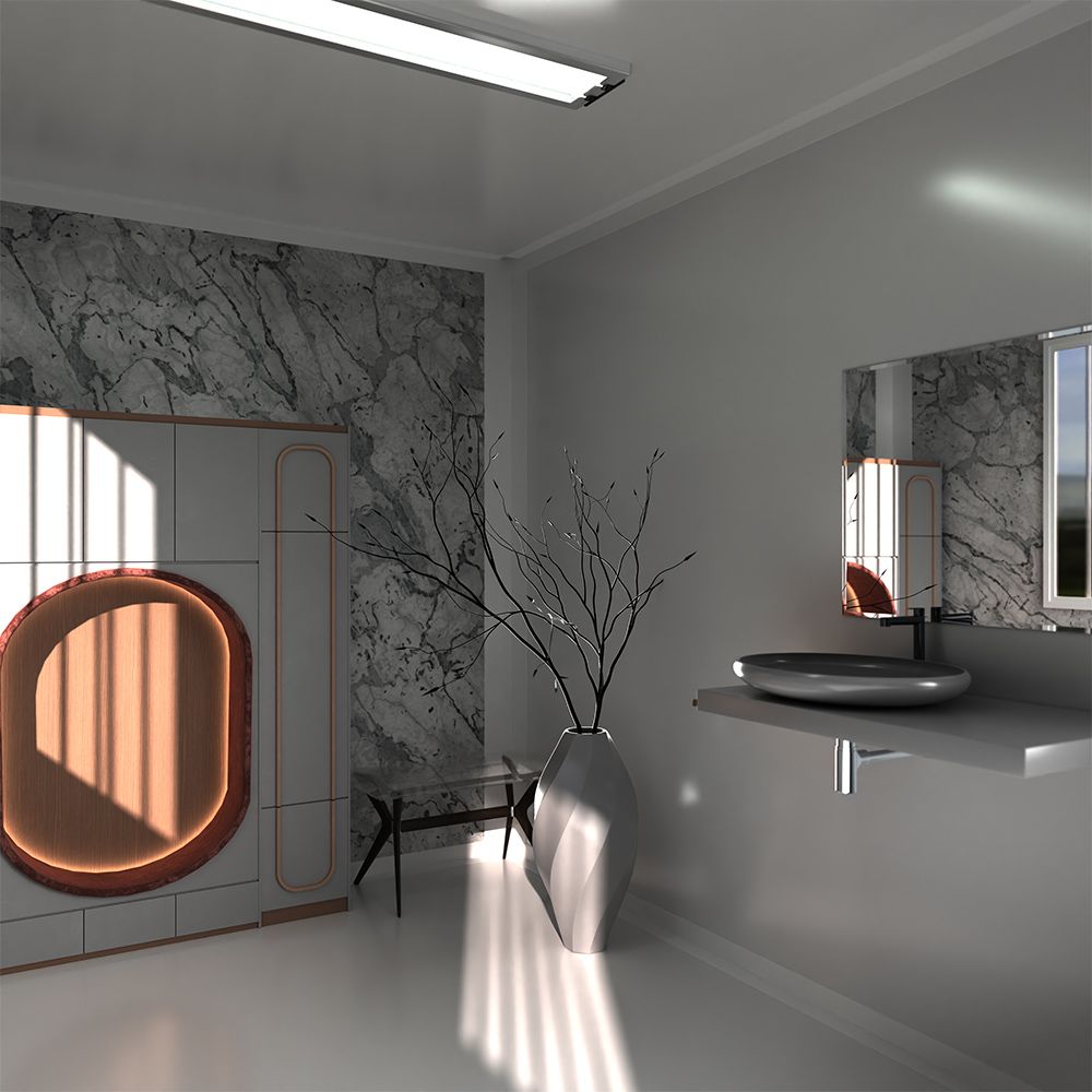 Rendering 3D di un bagno prefabbricato modulare